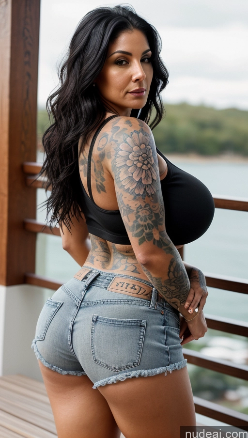 ai nude image of arafed woman with tattoos on her body and a black bra top pics of One Huge Boobs 20s Black Hair Long Hair Latina Milf Big Ass Tattoos Sexy Face Tank Top Daisy Dukes Front View