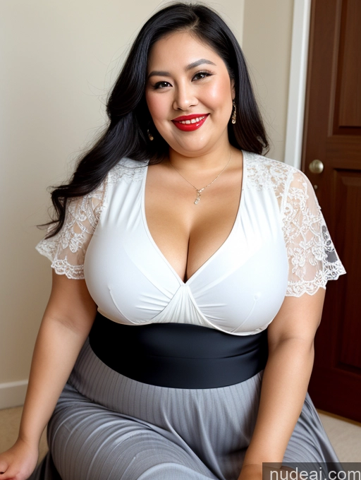 ai nude image of there is a woman sitting on a chair wearing a white top pics of Milf Busty Beautiful Lipstick Thick Big Hips Long Hair 30s Happy Black Hair Dress Long Skirt Close-up View Fat Chubby Indonesian