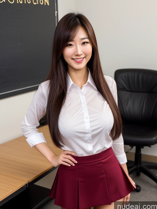 ai nude image of arafed asian woman in a skirt posing in front of a blackboard pics of Woman One Perfect Boobs Beautiful Long Legs Tall Perfect Body Happy Orgasm Seductive Brunette Korean 3d Front View Teacher 20s Long Hair Mini Skirt Shirt