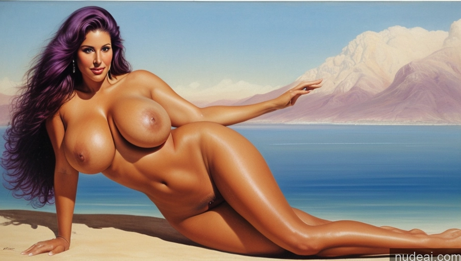 ai nude image of painting of a nude woman laying on the beach with mountains in the background pics of Huge Boobs Oiled Body Purple Hair Latina Nude Art By Boris Vallejo Boris Vallejo Art Style Pubic Hair Big Hips Busty Perfect Boobs Long Legs Big Ass