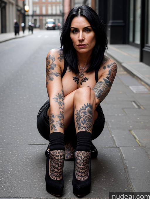 ai nude image of tattooed woman sitting on the sidewalk in a city street pics of Woman Perfect Boobs Tattoos Pubic Hair 50s Serious Black Hair British Street High Heels Sexy Face High Socks