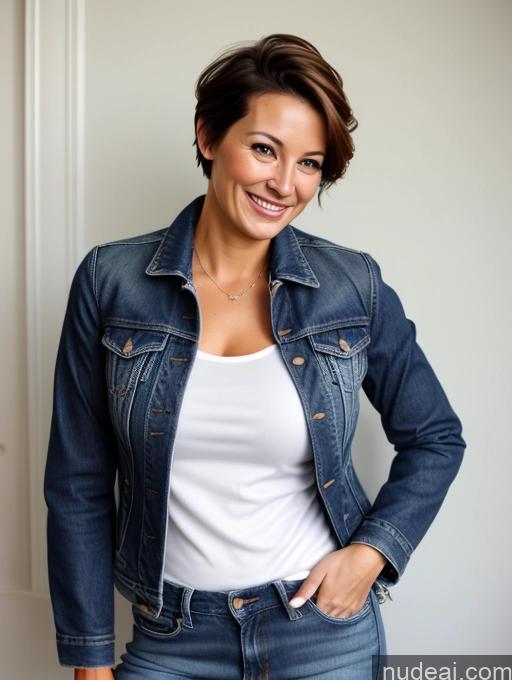 ai nude image of smiling woman in white shirt and denim jacket standing in front of a door pics of Wife Or Girlfriend Big Hips Pubic Hair 50s White Brunette Thick Pixie Happy Small Tits Full Frontal Jeans Jacket Stylish