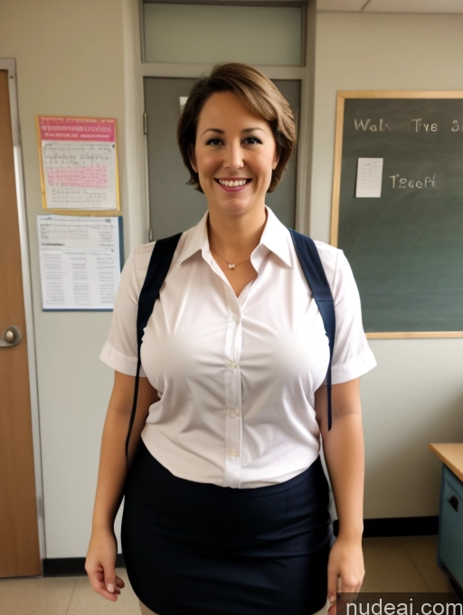 ai nude image of smiling woman in school uniform standing in front of a chalkboard pics of Wife Or Girlfriend Big Hips 50s White Brunette Thick Pixie Happy Small Tits Teacher School Hallway