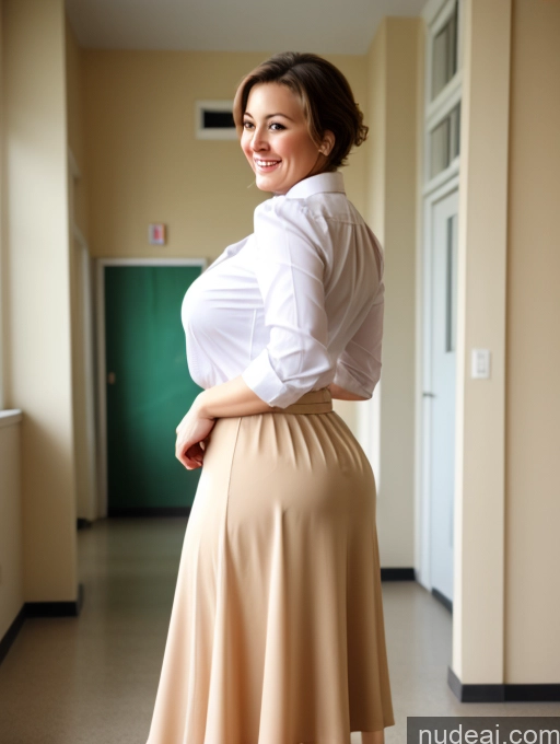 ai nude image of there is a woman standing in a hallway with a skirt on pics of Wife Or Girlfriend Big Hips 50s White Brunette Thick Pixie Happy School Hallway Blouse Long Skirt Pantyhose Perfect Boobs Back View