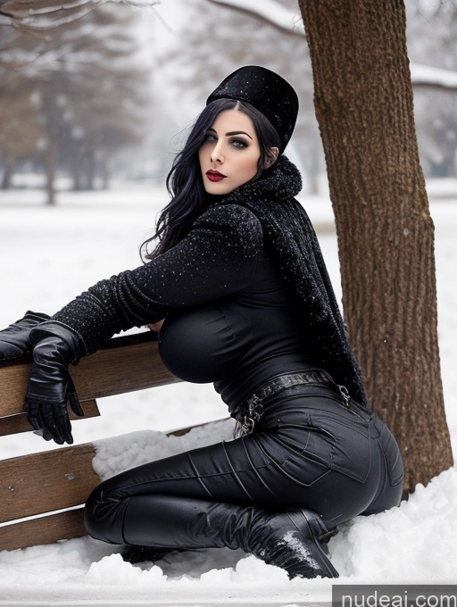 ai nude image of woman in black outfit sitting on a bench in the snow pics of Model One Busty Huge Boobs Tattoos Muscular Big Ass Abs Big Hips 20s Seductive Sexy Face Snow Goth Jacket Jeans Vampire Victorian Gloves Sweater Fur Boots Israel