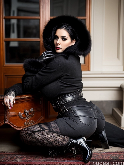 ai nude image of woman in black outfit sitting on a suitcase with fur collar pics of Model One Busty Huge Boobs Muscular Tattoos Big Ass Abs Big Hips 20s Seductive Sexy Face Black Hair Boots Goth Gloves Fur Jacket Jeans Sweater Vampire Victorian Israel