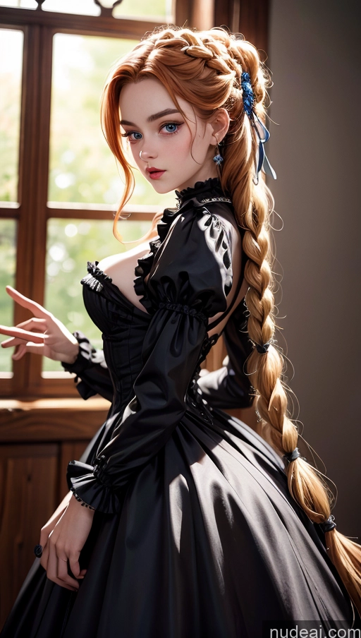 ai nude image of there is a woman with long red hair wearing a black dress pics of Skinny Small Ass Small Tits Fairer Skin Beautiful 18 Braided Ginger Goth Gals V2 Victorian Dress Cleavage