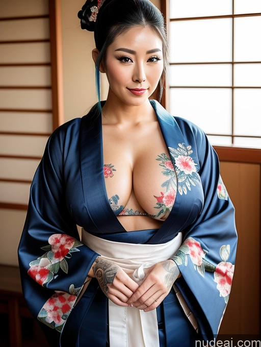 ai nude image of arafed asian woman in a kimono with a tattoo on her chest pics of Perfect Boobs Beautiful Tattoos Busty Perfect Body 20s Thick Muscular Ponytail Blue Hair Geisha Japanese Kimono