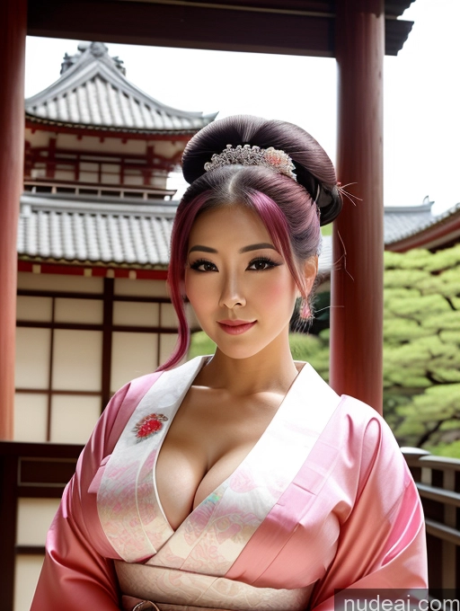 ai nude image of araffe asian woman in a pink kimono posing for a picture pics of Perfect Boobs Beautiful Busty Perfect Body 20s Ponytail Geisha Japanese Pink Hair