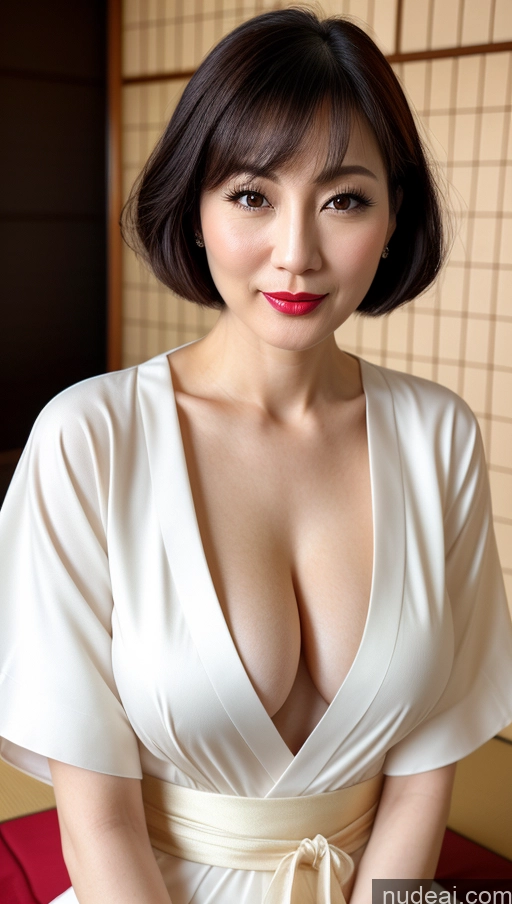 ai nude image of araffed asian woman in a white dress posing for a picture pics of Woman One Beautiful Lipstick Fairer Skin Black Hair Close-up View Japanese Detailed Simple 40s Perfect Boobs Bobcut Kimono Cleavage