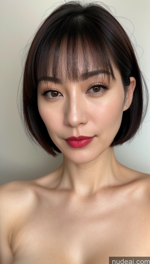 ai nude image of arafed asian woman with a red lip and a short hair pics of Woman One Beautiful Lipstick Fairer Skin Black Hair Close-up View Japanese Detailed Simple Bobcut 40s Perfect Boobs