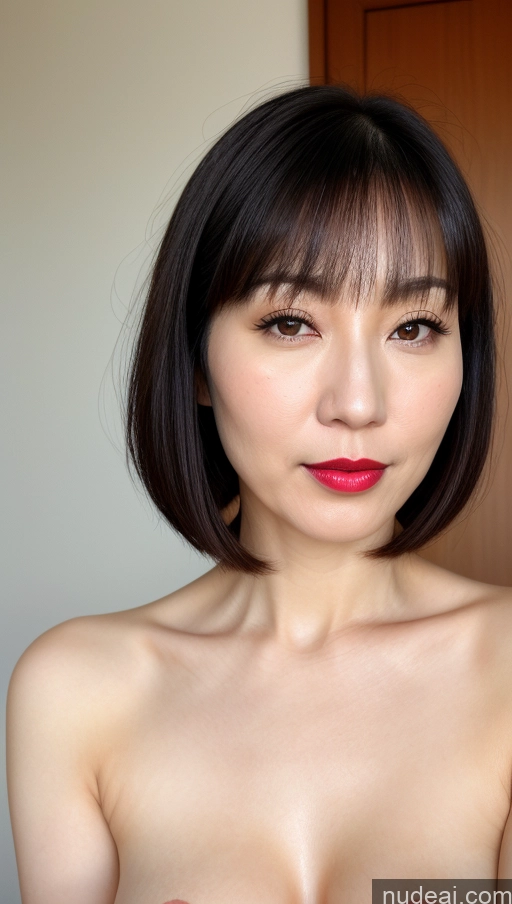 ai nude image of arafed asian woman with a red bralet and red lipstick pics of Woman One Beautiful Lipstick Fairer Skin Black Hair Close-up View Japanese Detailed Simple Bobcut 40s Perfect Boobs