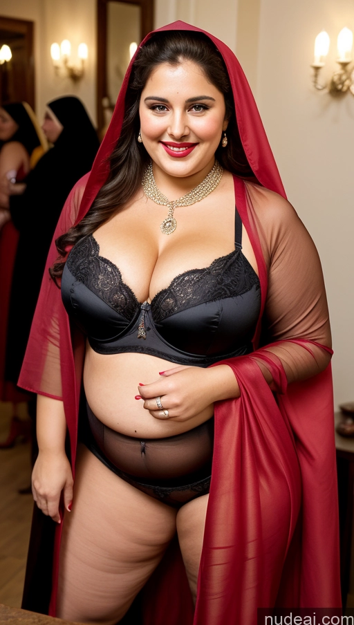 ai nude image of araffe woman in a red cape and black lingersuit posing for a picture pics of Milf Busty Beautiful Lipstick Chubby Thick Big Hips Fat 20s Happy Seductive Brunette Long Hair Russian Party Front View Straddling Nun Scarf Bra Salwar Victorian