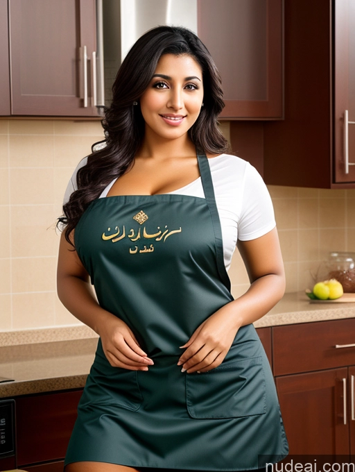 ai nude image of araffe woman in a green apron posing in a kitchen pics of Big Hips Dark Skin Arabic Partially Nude Busty Apron