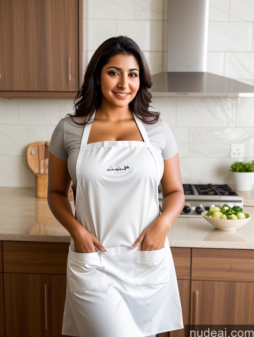 ai nude image of smiling woman in white apron standing in kitchen with wooden cabinets pics of Big Hips Dark Skin Arabic Partially Nude Busty Apron