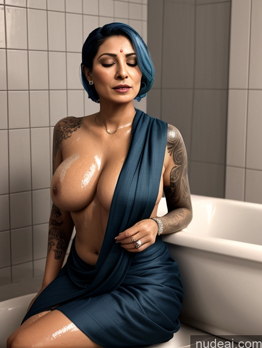 ai nude image of there is a woman with blue hair sitting in a bathtub pics of Milf Perfect Boobs Tattoos 30s Blue Hair 3d Bathroom Front View Bathing Dark Lighting Indian Straight Orgasm Sari Two