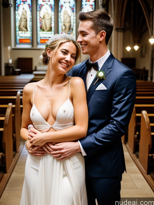 ai nude image of bride and groom standing in church together smiling at camera pics of Perfect Body 30s Happy Film Photo Front View Topless Hair Bun British Blonde Woman + Man Wedding Church Two