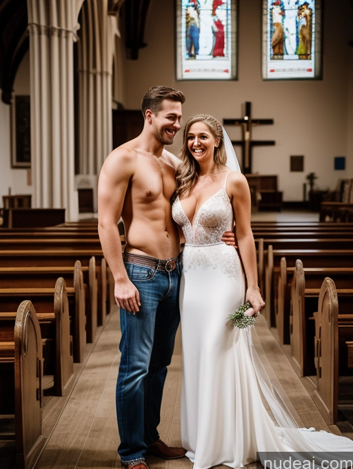 ai nude image of arafed bride and groom standing in church together in front of stained glass windows pics of Perfect Body 30s Happy Film Photo Front View Topless Hair Bun British Blonde Woman + Man Wedding Church Two Jeans Dress