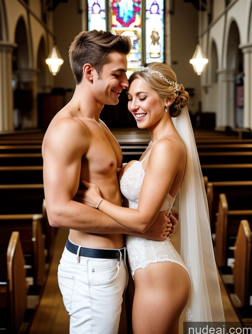 ai nude image of arafed bride and groom in church with stained glass window pics of Perfect Body 30s Happy Film Photo Front View Topless Hair Bun British Blonde Woman + Man Wedding Church Two Jeans