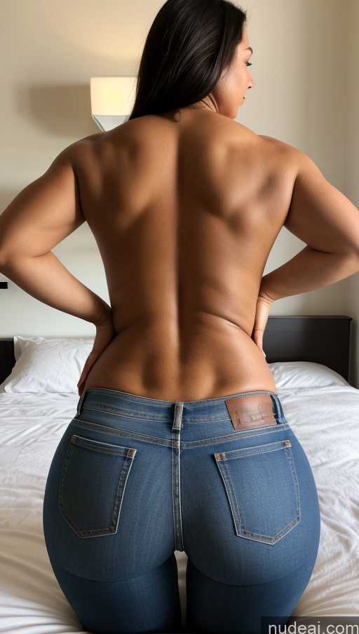 ai nude image of araffed woman in jeans sitting on a bed with her back turned pics of Athlete Big Hips Big Ass Bedroom Back View Jeans