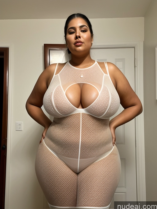 ai nude image of araffe woman in a sheered bodysuit posing for a picture pics of Miss Universe Model Huge Boobs Big Ass Thick Chubby Fat Long Legs Tall Indian Sleeping Oiled Body Transparent Front View 60s 80s