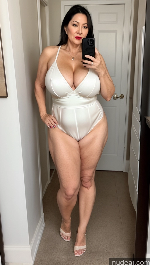 ai nude image of araffe woman in a white bodysuit taking a selfie in a mirror pics of Milf One Busty Big Ass Big Hips Pubic Hair Fairer Skin Asian Black Hair Partially Nude Lipstick 60s Jumpsuit