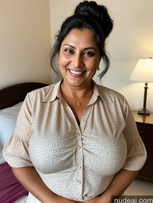 ai nude image of smiling woman in a tan shirt standing in front of a bed pics of Milf 40s Happy Black Hair Hair Bun Indian Front View One Chubby Busty Thick Bedroom Blouse