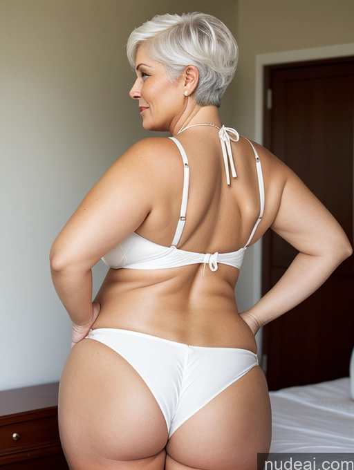 ai nude image of there is a woman in a white bikini and panties standing on a bed pics of Woman One Fat Chubby Big Ass Sexy Face White Hair Pixie White Back View Big Hips Bikini 70s