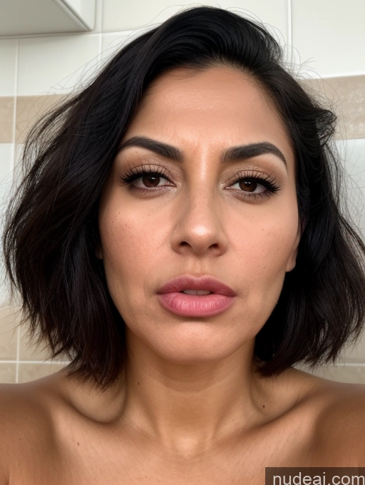 ai nude image of a close up of a woman with a very big breast pics of Close-up View Seductive Serious Sad Sexy Face Shocked Laughing Busty Tanned Skin Jewish Black Hair Bobcut Bathroom Milf Pouting Lips 20s Angry