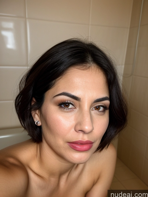 ai nude image of there is a woman that is sitting in a bath tub pics of Close-up View Seductive Serious Sad Sexy Face Shocked Laughing Busty Tanned Skin Jewish Black Hair Bobcut Bathroom Milf Pouting Lips 20s Angry Happy