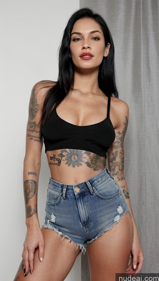 ai nude image of a close up of a woman with tattoos on her arms and legs pics of Woman One Perfect Boobs Tattoos Big Ass Long Legs Lipstick 20s Sexy Face Black Hair Long Hair Latina Crop Top Daisy Dukes