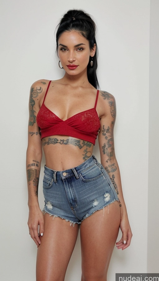 ai nude image of a close up of a woman with tattoos on her arms and legs pics of Woman One Perfect Boobs Tattoos Big Ass Long Legs Lipstick 20s Sexy Face Black Hair Long Hair Latina Crop Top Daisy Dukes