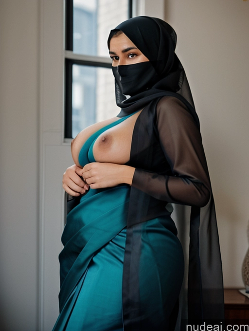 ai nude image of there is a woman in a black and blue dress posing for a picture pics of Huge Boobs Big Ass Fat Big Hips Pubic Hair Dark Skin 50s Sad Black Hair Indian Bedroom Wife Or Girlfriend Straight Full Frontal Niqab Sari