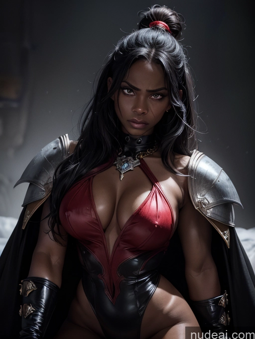 ai nude image of arafed woman in a red and black outfit posing for a picture pics of Busty Muscular Abs Serious Angry Hell Devil Medieval Goth Bodybuilder Perfect Body Slicked Dark Skin Black Spreading Legs Batwoman Knight Niji3D Ninja