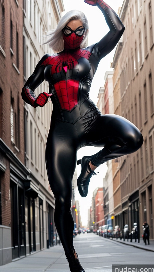 ai nude image of spider - man in a black and red costume is posing on a city street pics of Black Cat Street Jumping