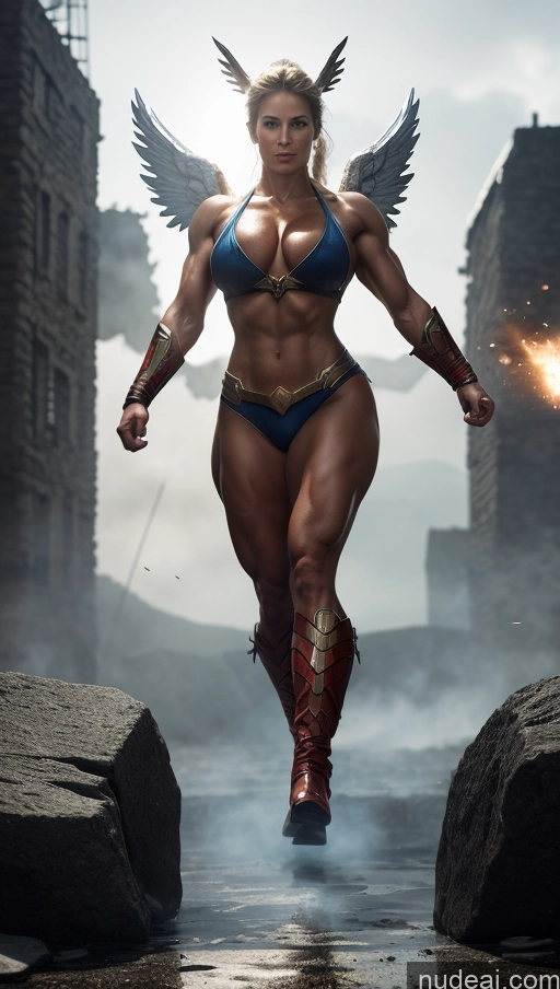 ai nude image of arafed woman in a bikini and angel wings running through a city pics of Angel Viking Bodybuilder Busty Superhero Abs Muscular Powering Up Battlefield