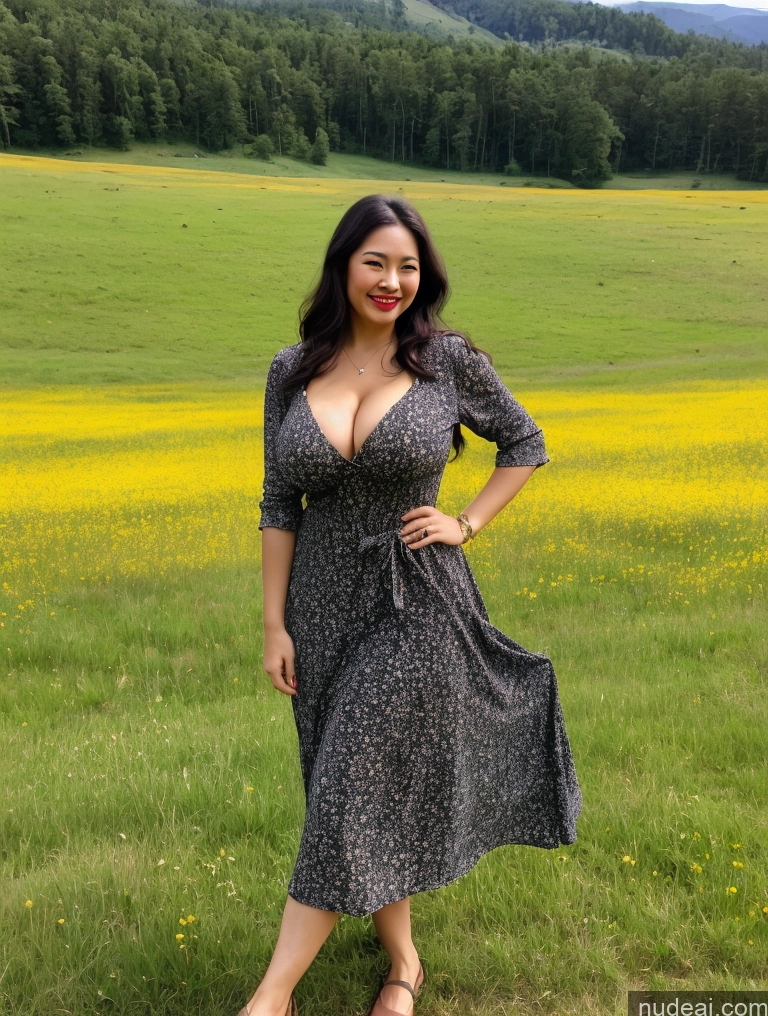 ai nude image of araffe woman in a dress standing in a field of flowers pics of Milf One Busty Beautiful Lipstick Big Ass Thick Big Hips 30s Happy Seductive Black Hair Long Hair Filipina Meadow 60s Dress Long Skirt