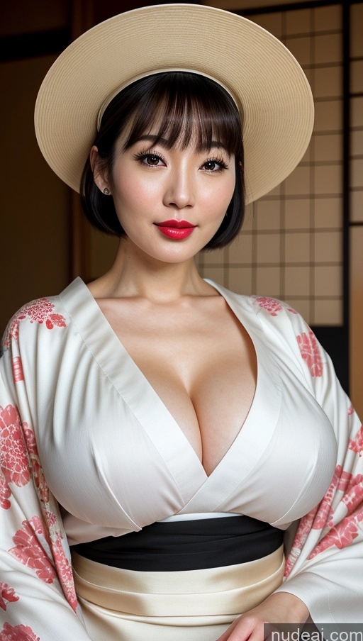 ai nude image of there is a woman in a kimono dress and hat posing for a picture pics of Woman One Huge Boobs Beautiful Lipstick Fairer Skin 30s Black Hair Bobcut Japanese Close-up View Detailed Simple Kimono