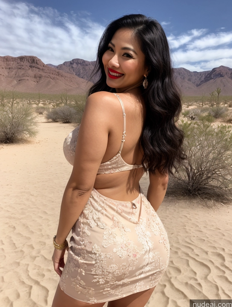 ai nude image of araffe woman in a short dress posing in the desert pics of Milf One Busty Beautiful Lipstick Big Ass Thick Big Hips 30s Happy Seductive Black Hair Long Hair Filipina Dress Oasis