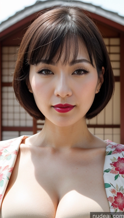 ai nude image of arafed asian woman with a red lip and a floral dress pics of Woman One Huge Boobs Beautiful Lipstick Fairer Skin 30s Black Hair Bobcut Japanese Close-up View Detailed Simple Kimono