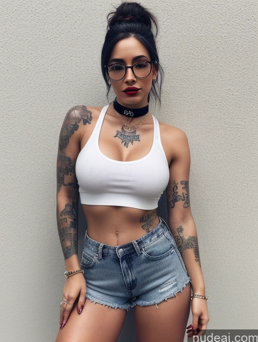 ai nude image of arafed woman with tattoos and glasses posing for a picture pics of Woman One Beautiful Small Tits Big Ass Perfect Body Lipstick Tattoos Glasses 20s Sexy Face Brunette British 3d Bomber Choker Daisy Dukes High Socks Hip Hop Tank Top Alternative