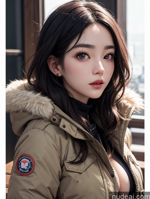 ai nude image of a close up of a woman wearing a jacket and a hoodie pics of Korean Perfect Boobs Parka