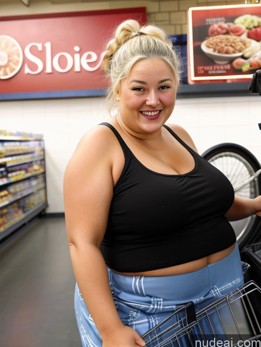 ai nude image of woman in a grocery store with a shopping cart and a bicycle pics of Big Ass Big Hips 80s Happy White Hair White Grocery Long Skirt Tank Top Hair Tied Up Wife Or Girlfriend Obese Downblouse: 俯身露乳