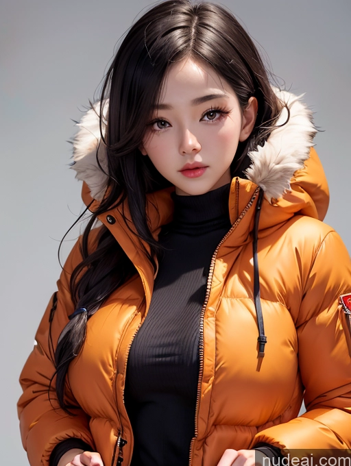 ai nude image of arafed asian woman in a puffy orange jacket and black top pics of Korean Perfect Boobs Parka