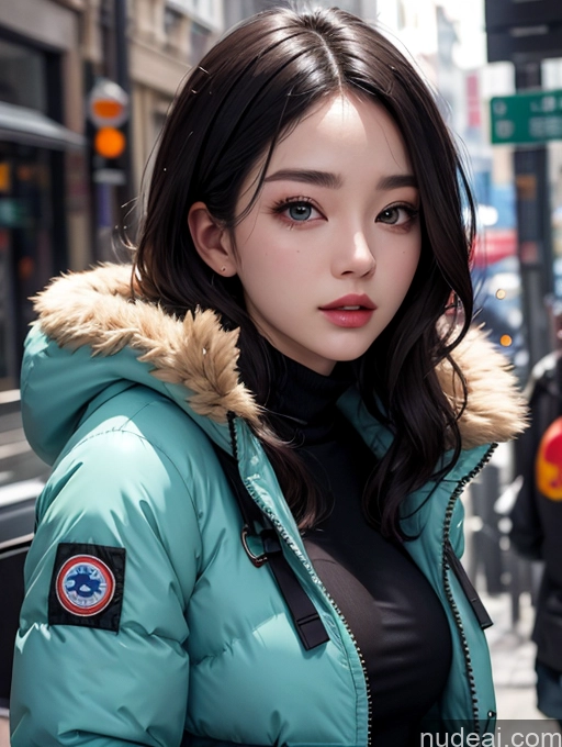 ai nude image of araffe woman in a blue jacket and black top on a city street pics of Korean Perfect Boobs Parka