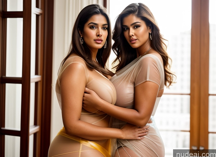 ai nude image of two women in sheer clothing posing for a picture in a window pics of Miss Universe Model Huge Boobs Big Ass Thick Chubby Fat Big Hips Indian Side View Blouse Sari Partially Nude Transparent