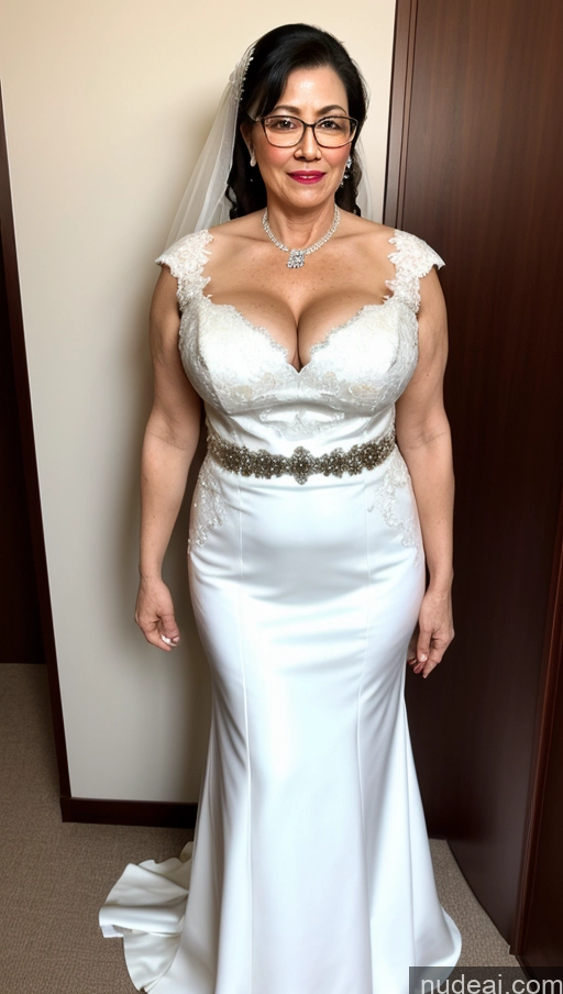 ai nude image of arafed woman in a wedding dress posing for a picture pics of Milf One Busty Glasses Lipstick Big Hips Big Ass Fairer Skin Pubic Hair 60s Black Hair Wedding Asian