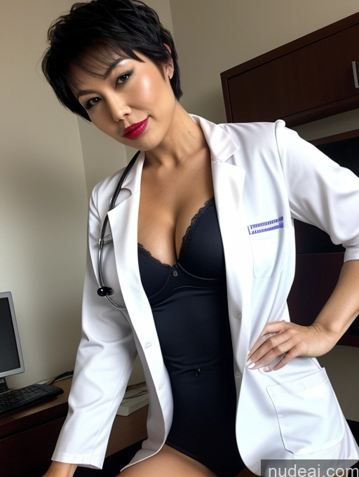 ai nude image of arafed woman in a white lab coat and black panties posing for a picture pics of Milf Perfect Boobs Lipstick Pixie Dark Lighting Asian Doctor Lab Coat Partially Nude Bra Cleavage