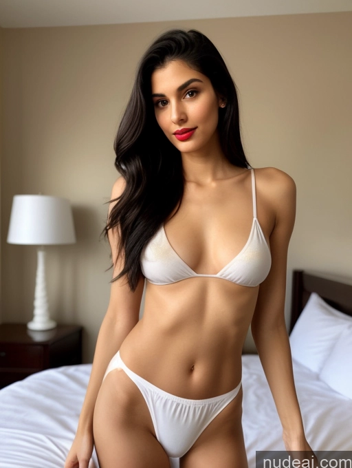 ai nude image of araffed woman in white bikini posing on a bed pics of 18 Indian Small Tits Lipstick Small Ass Long Legs Perfect Body Tall Long Hair Black Hair Front View Tanned Skin Fairer Skin Bedroom Pajamas