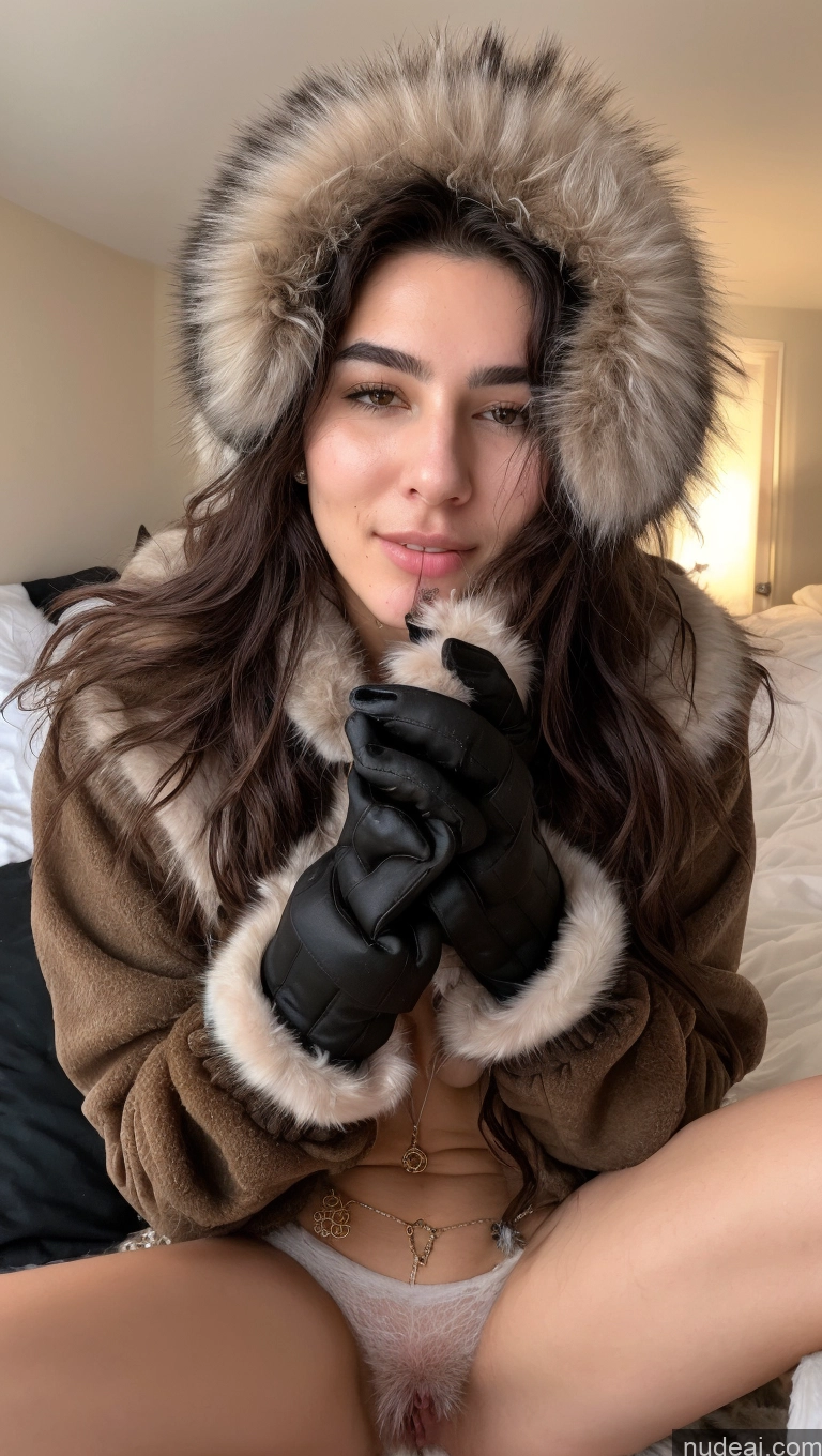 ai nude image of araffe woman in a fur coat and gloves sitting on a bed pics of Messy Cumshot Fur Gloves Stockings Jewelry Detailed 18